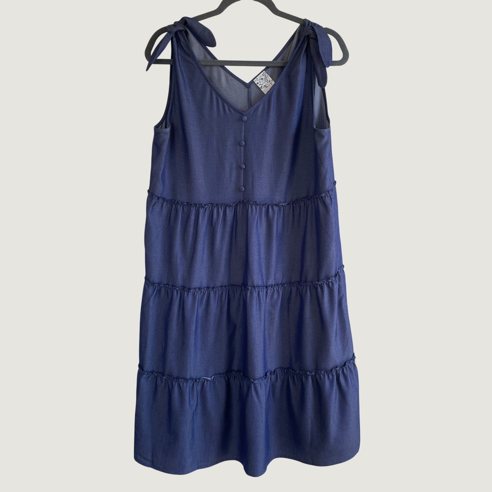 Naïf Tiered Dress Womens Large Blue Shoulder Tie Button Front Midi Relaxed
